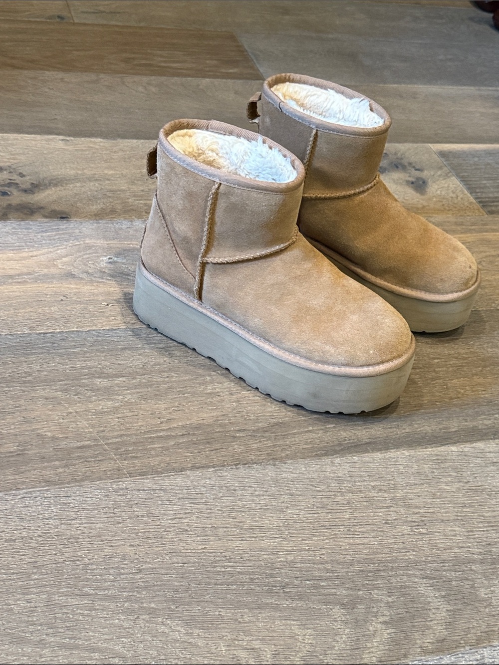 Platform Suede Shearling-Lined Ankle Boots - Tan
